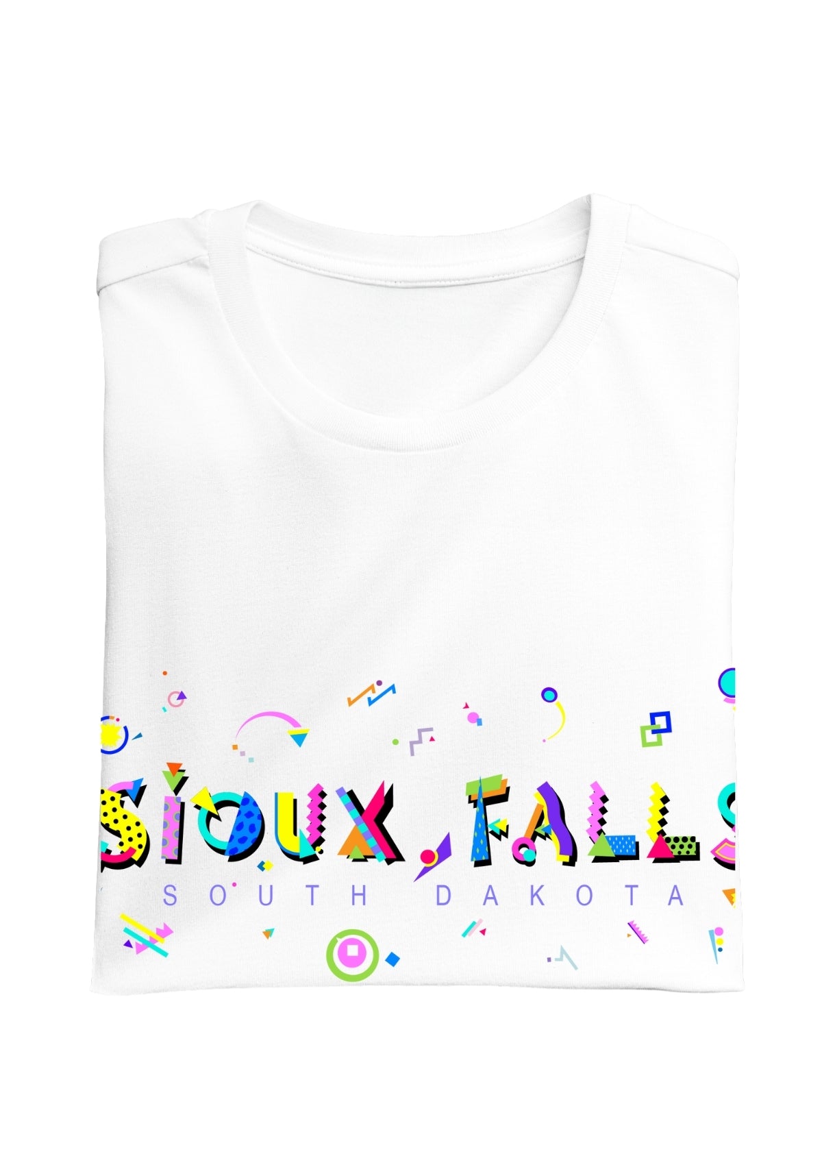 SIOUX FALLS, SOUTH DAKOTA, colorful Memphis Style Font on white folded tee