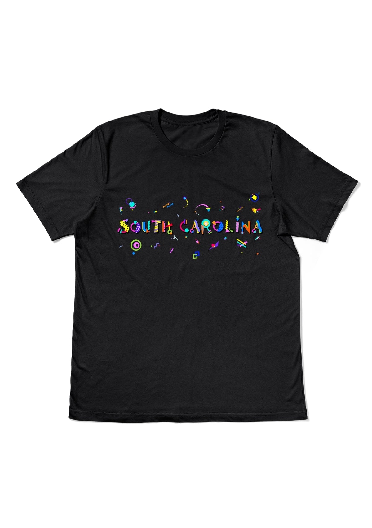 SOUTH CAROLINA, printed colorful Memphis style font black flat tee