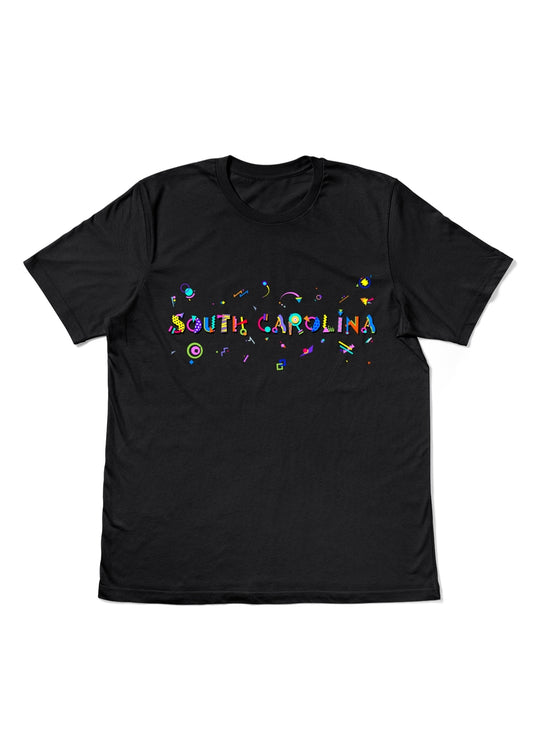 SOUTH CAROLINA, printed colorful Memphis style font black flat tee