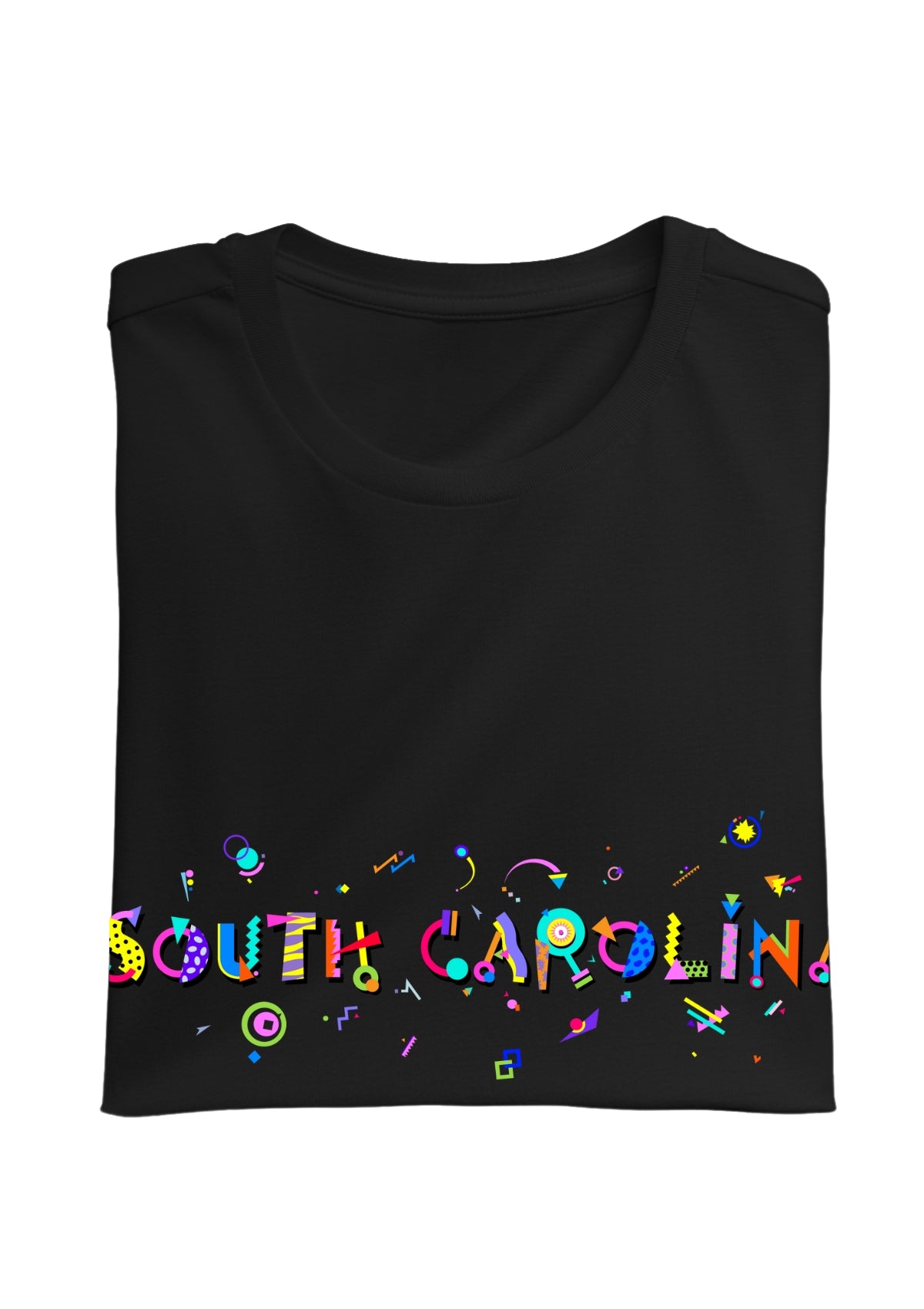 SOUTH CAROLINA, printed colorful Memphis font black folded tee