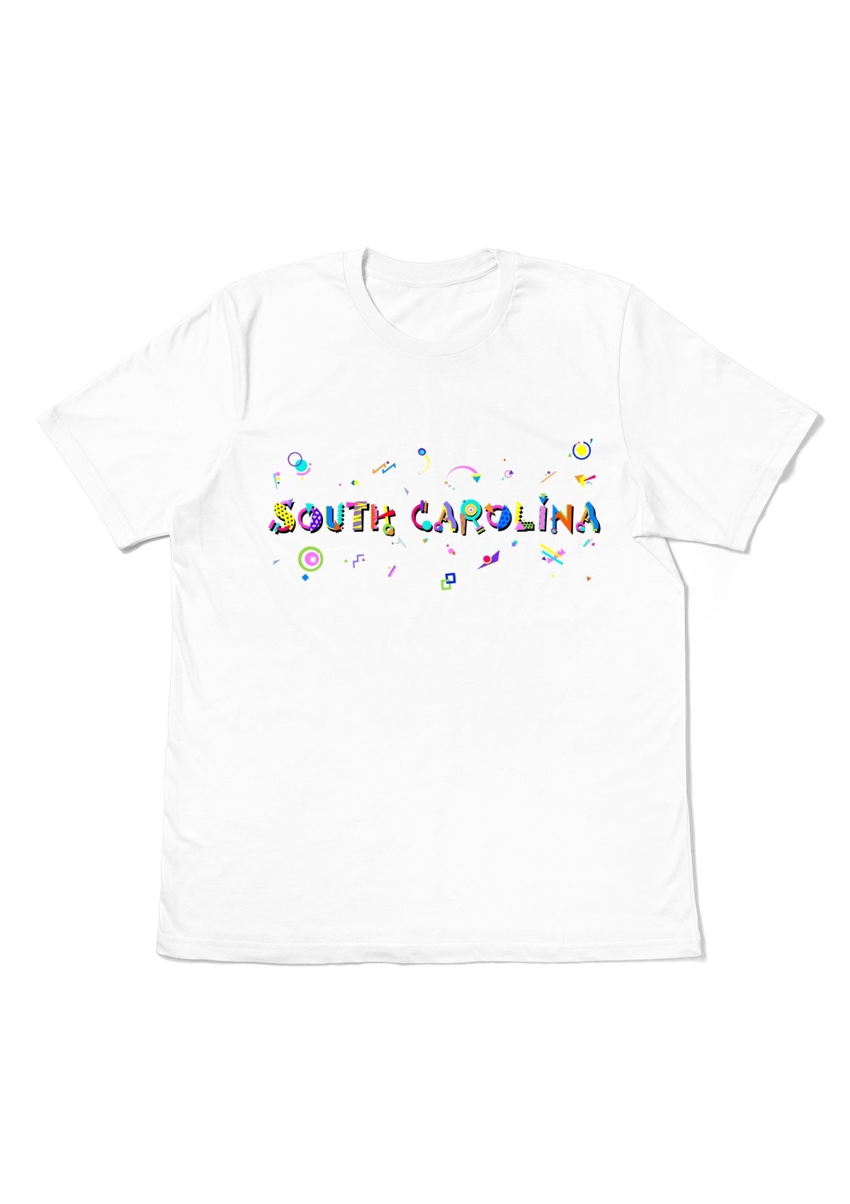 SOUTH CAROLINA, printed colorful Memphis font white flat tee