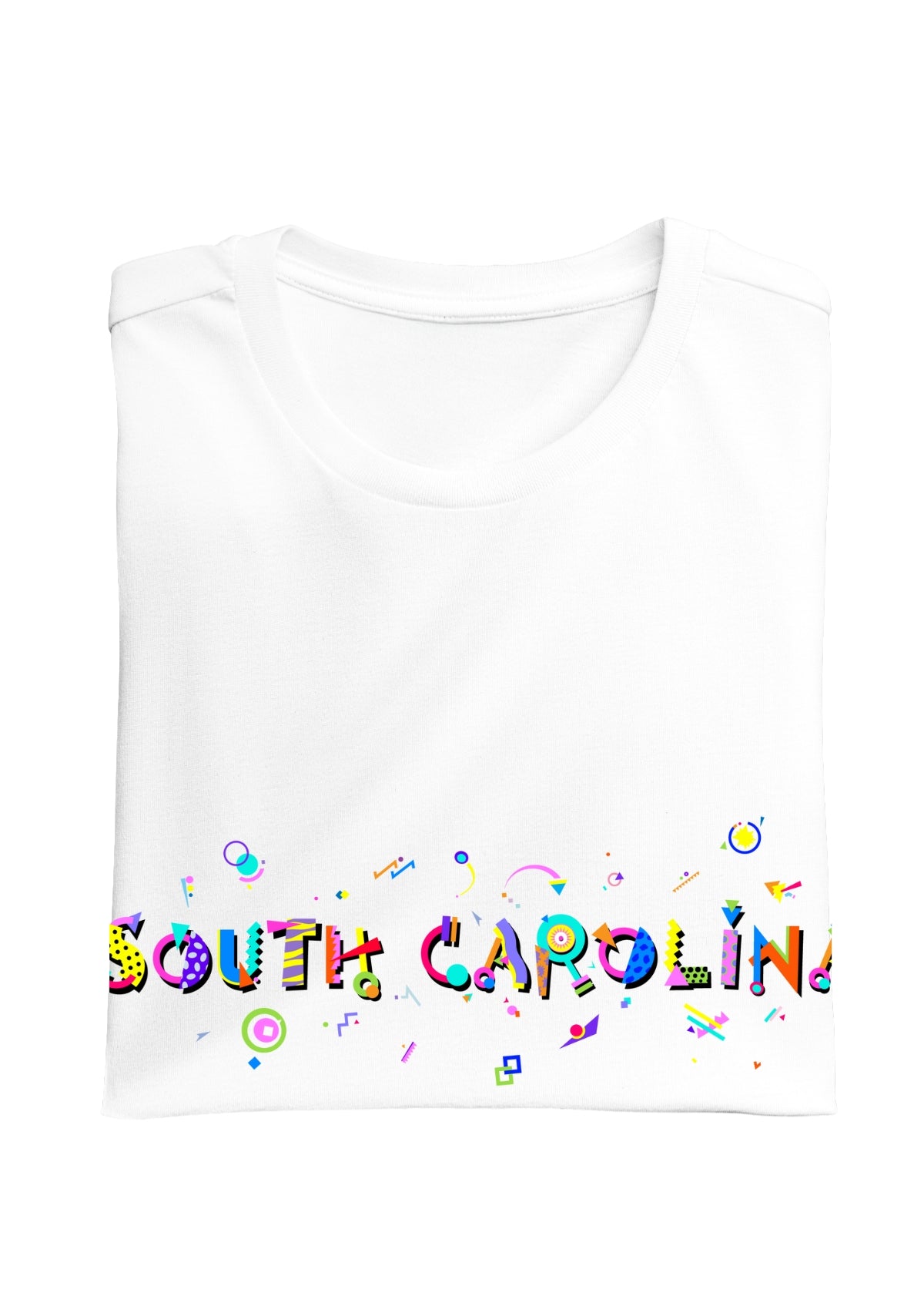 SOUTH CAROLINA printed in colorful letters - Memphis style fonts - white-folded-tee