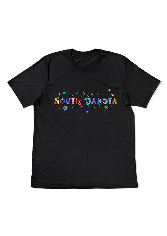 SOUTH DAKOTA, printed colorful Memphis style font black flat tee