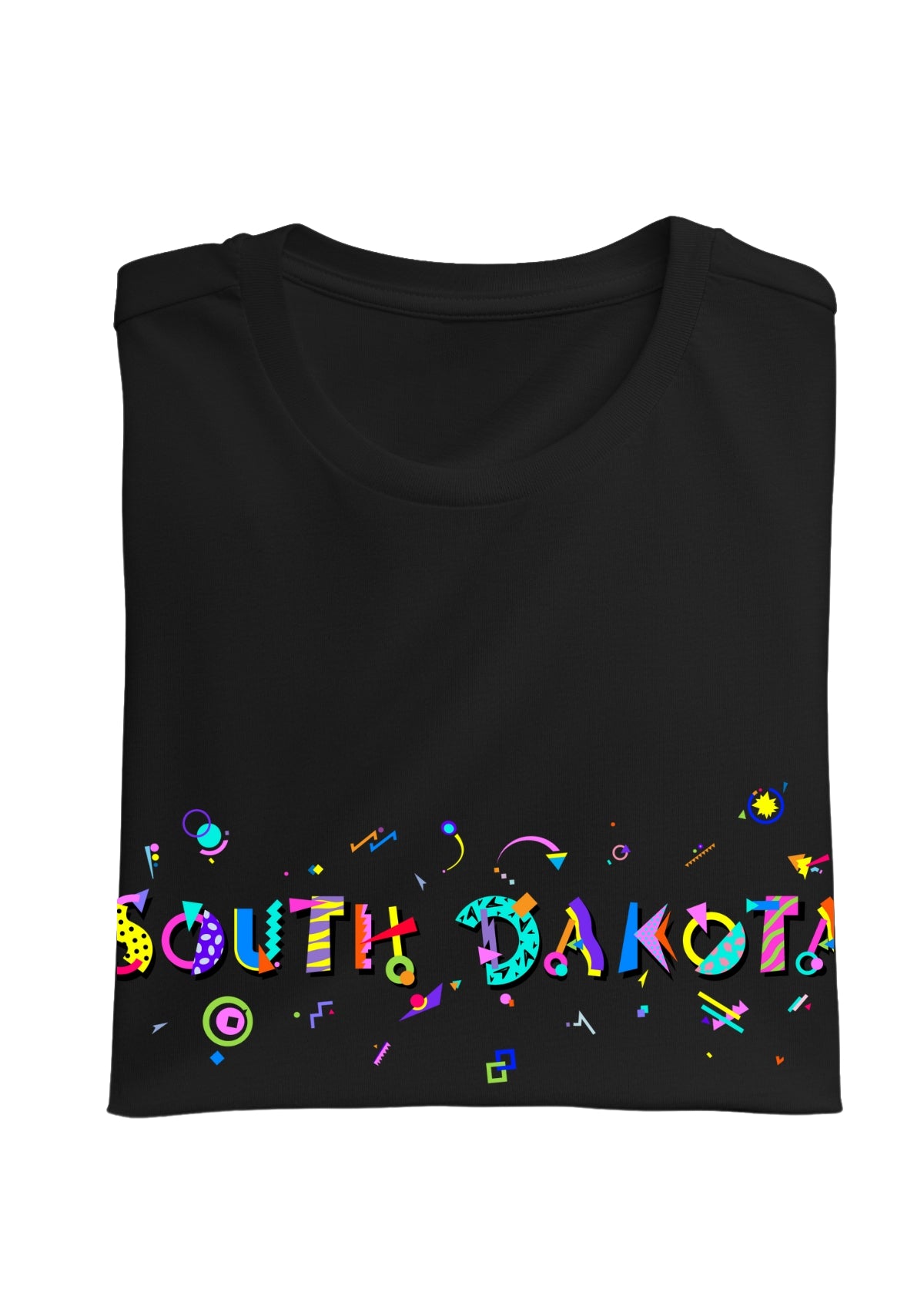 SOUTH DAKOTA, printed colorful Memphis font black folded tee
