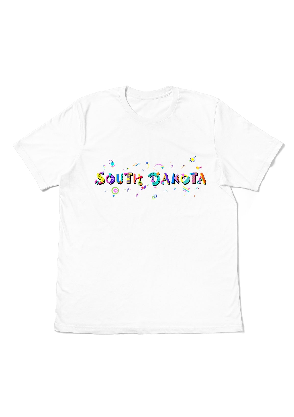 SOUTH DAKOTA, printed colorful Memphis font white flat tee