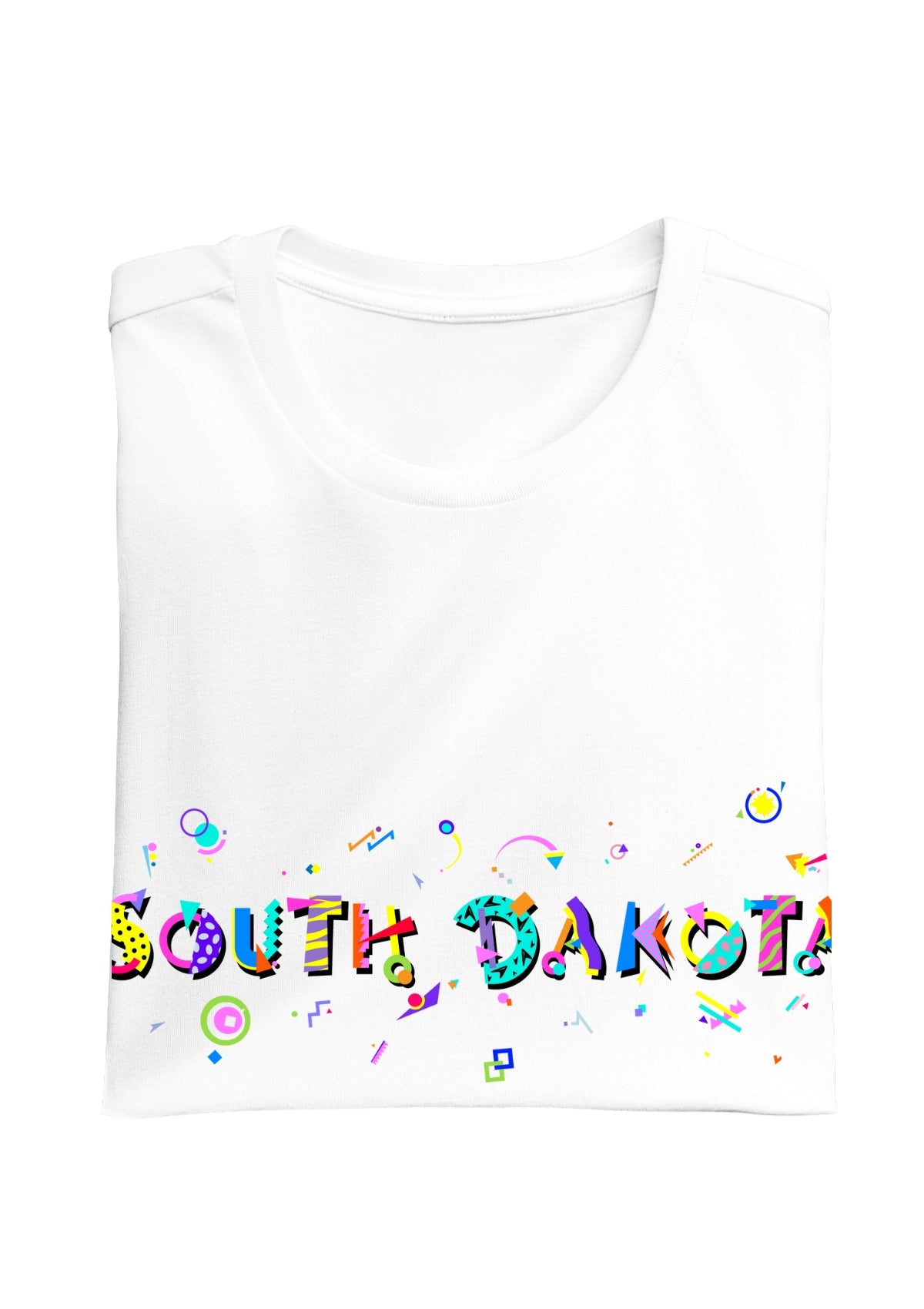 SOUTH DAKOTA printed in colorful letters - Memphis style fonts - white-folded-tee