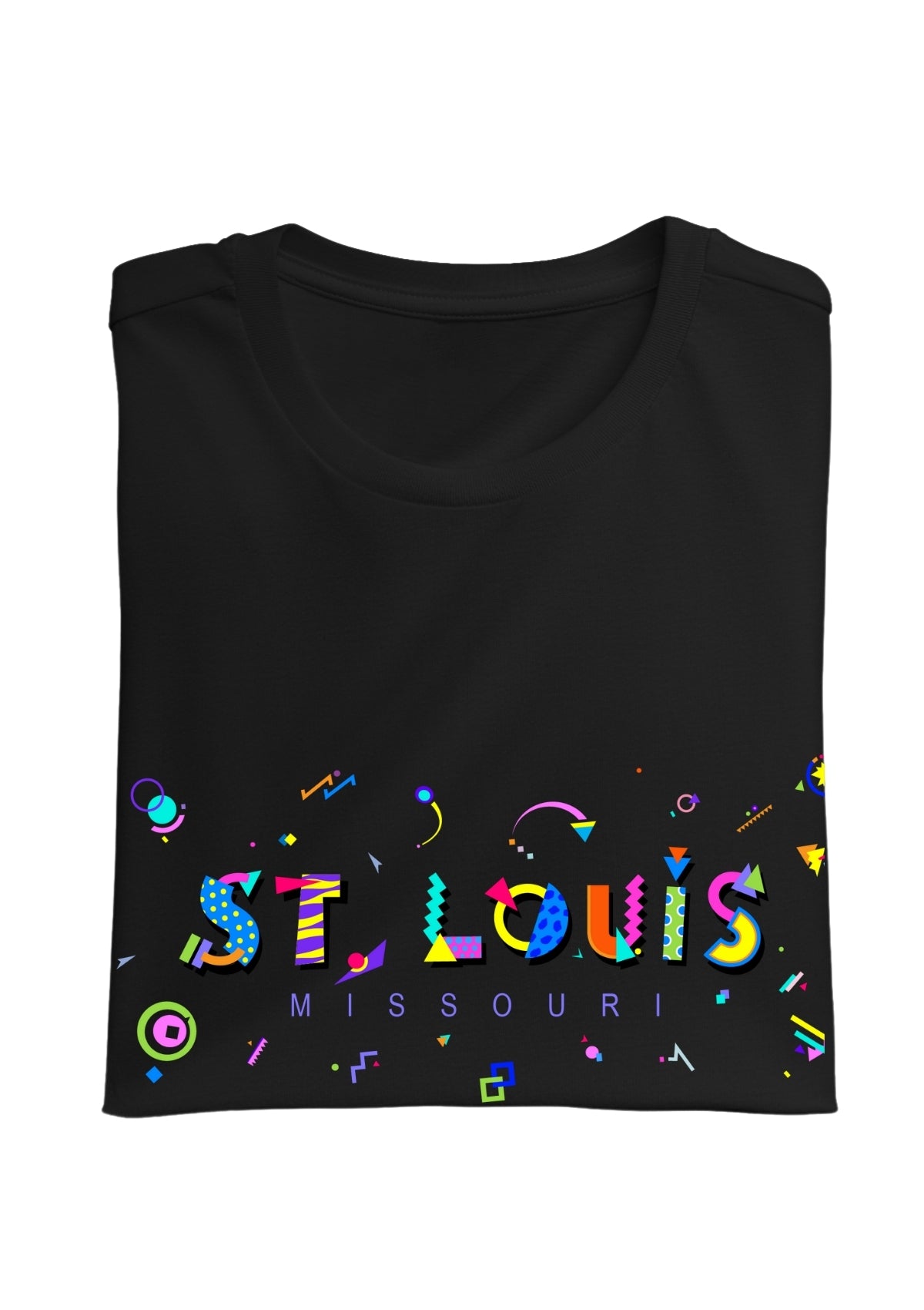 ST. LOUIS, MISSOOURI, printed colorful Memphis font black folded tee