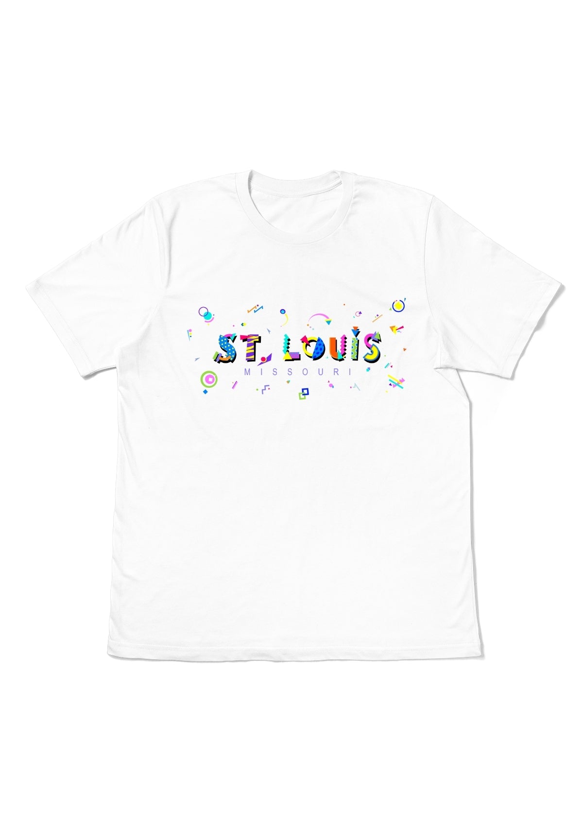 ST. LOUIS, MISSOURI, printed colorful Memphis font white flat tee