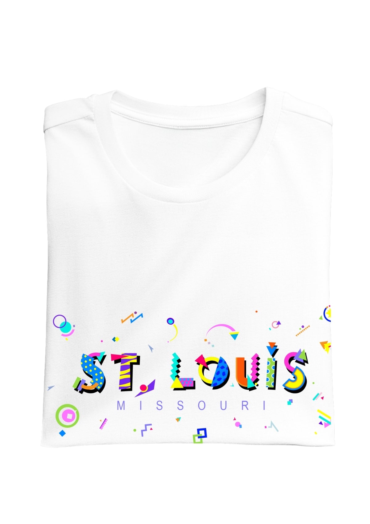ST. LOUIS, MISSOURI, colorful Memphis Style Font on white folded tee