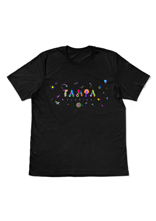 TAMPA, FLORIDA, printed colorful Memphis style font black flat tee