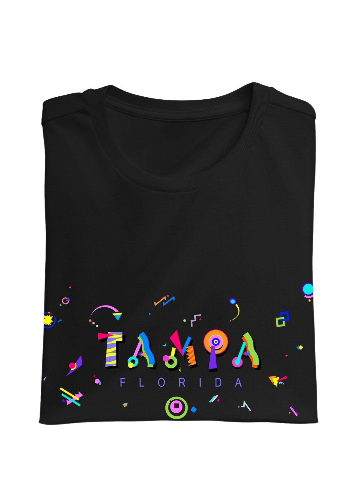 TAMPA, FLORIDA, printed colorful Memphis font black folded tee