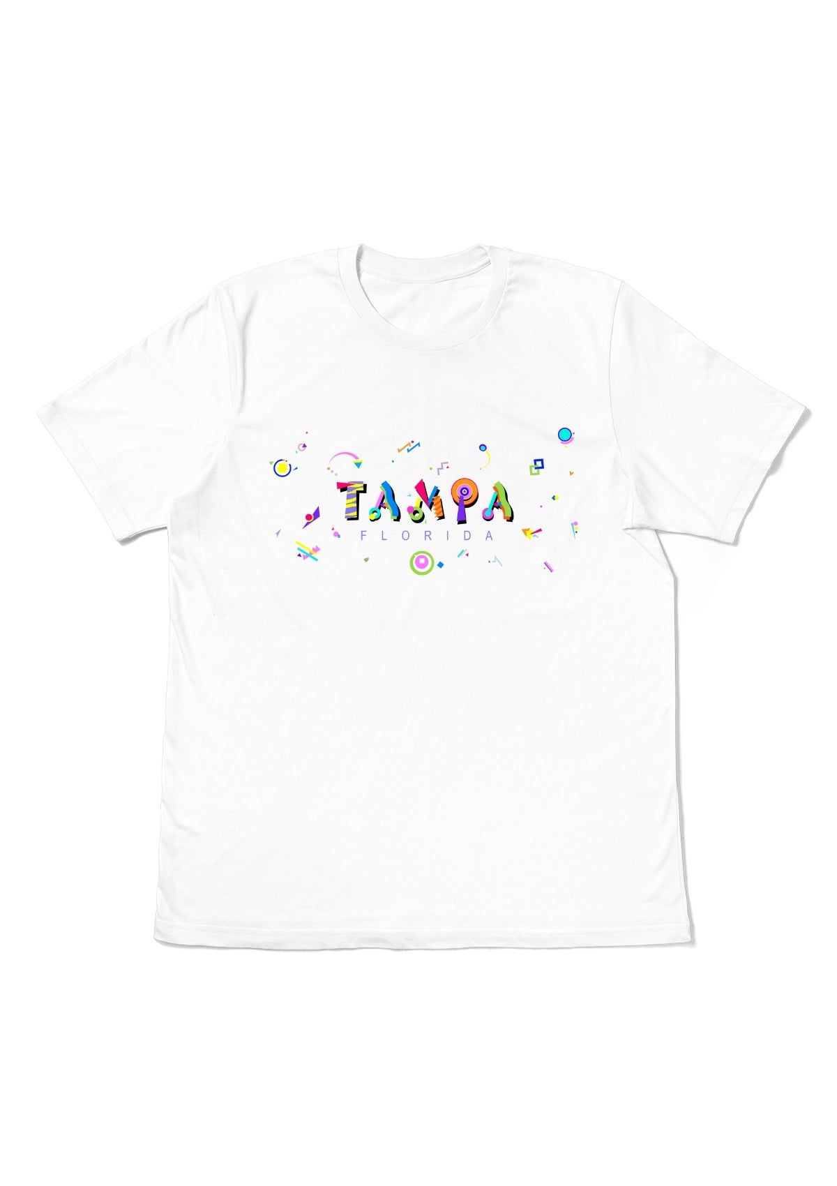 TAMPA, FLORIDA, printed colorful Memphis font white flat tee