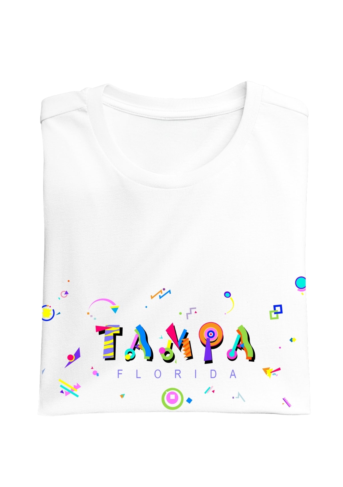 TAMPA, FLORIDA, colorful Memphis Style Font on white folded tee