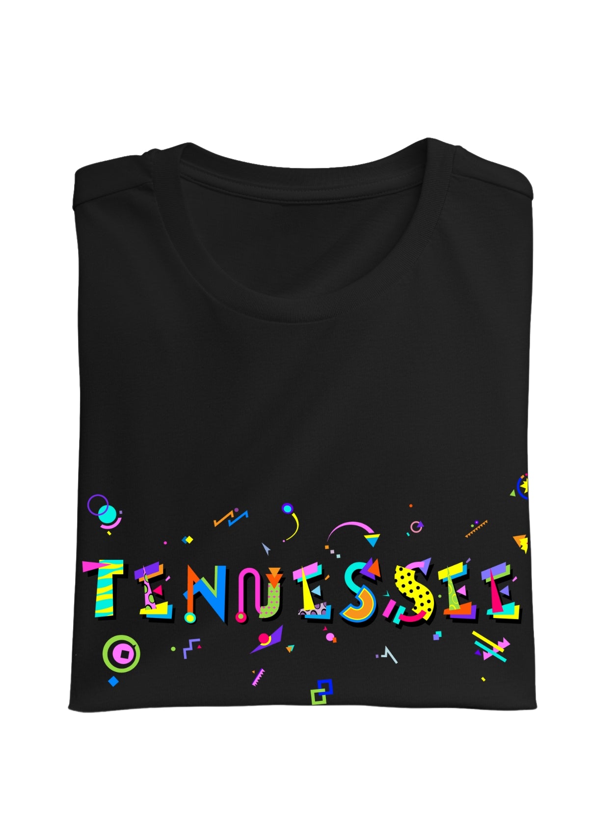 TENNESSEE, printed colorful Memphis font black folded tee
