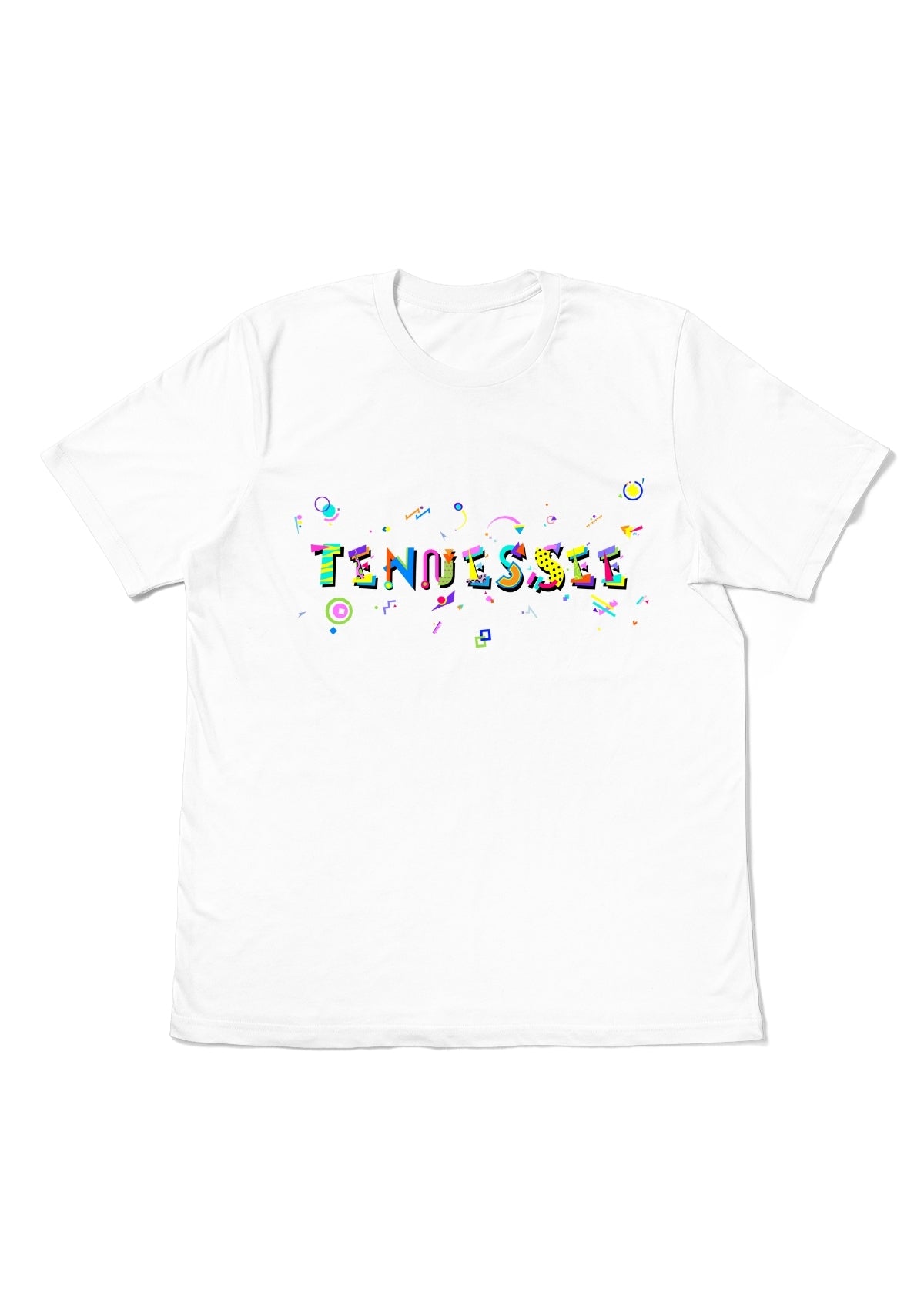 TENNESSEE, printed colorful Memphis font white flat tee