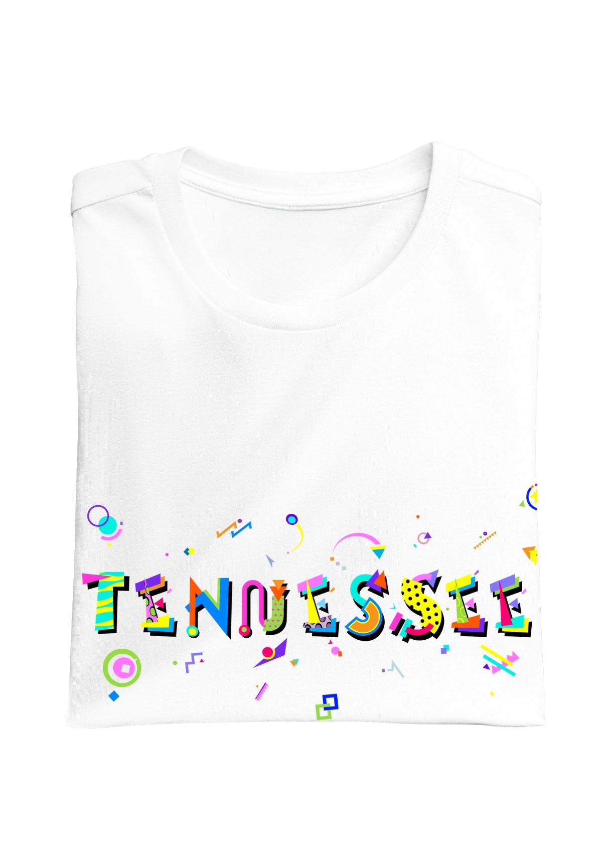 TENNESSEE printed in colorful letters - Memphis style fonts - white-folded-tee