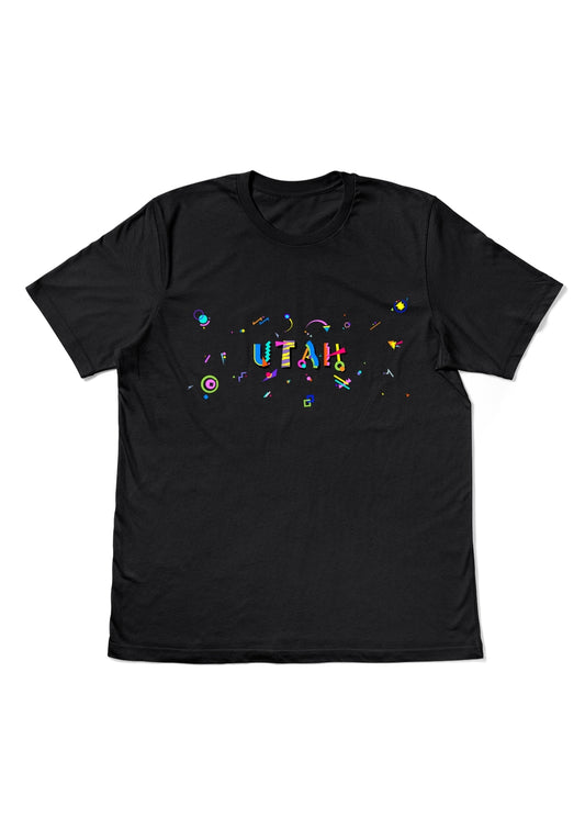 UTAH, printed colorful Memphis style font black flat tee