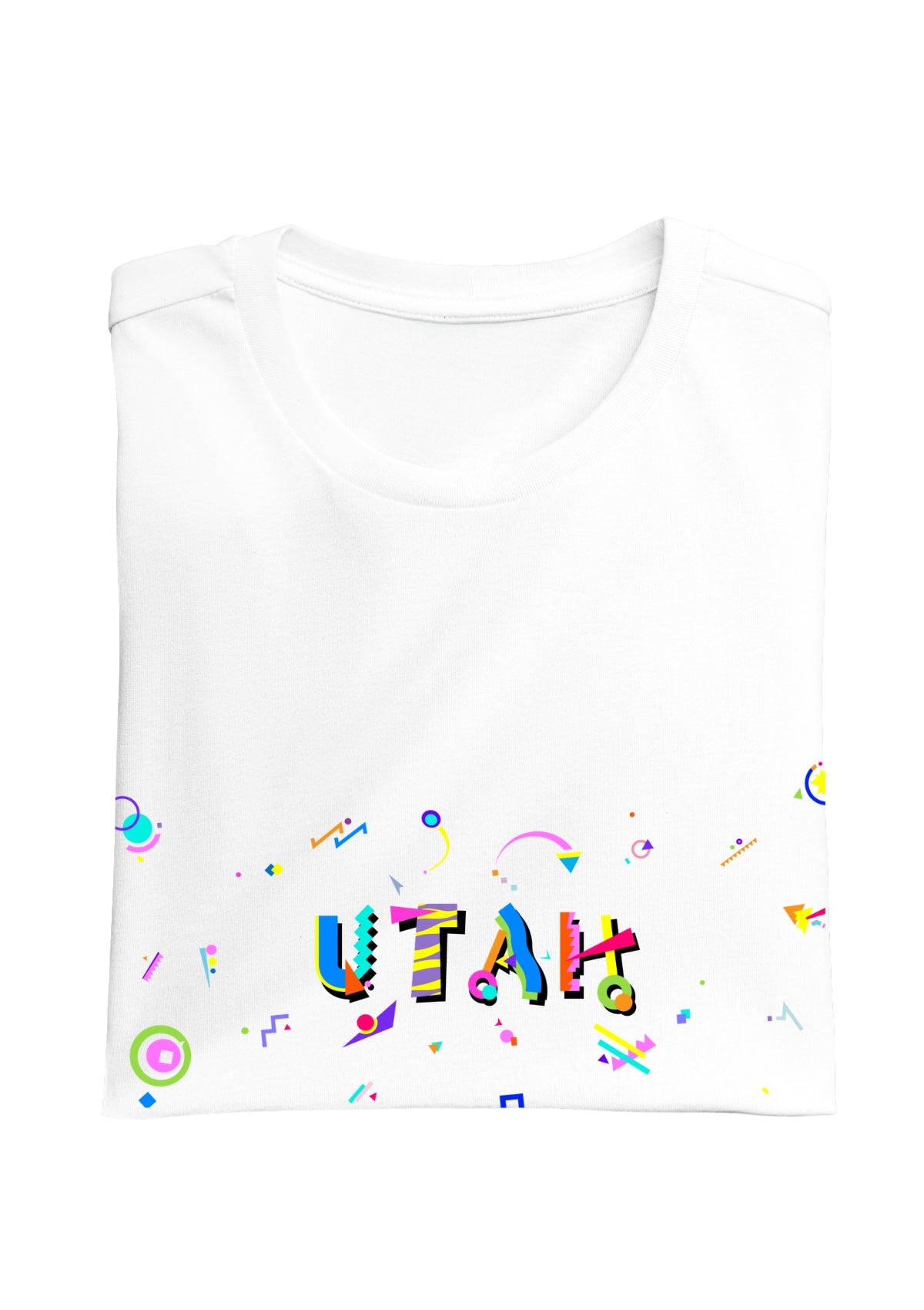 UTAH printed in colorful letters - Memphis style fonts - white-folded-tee