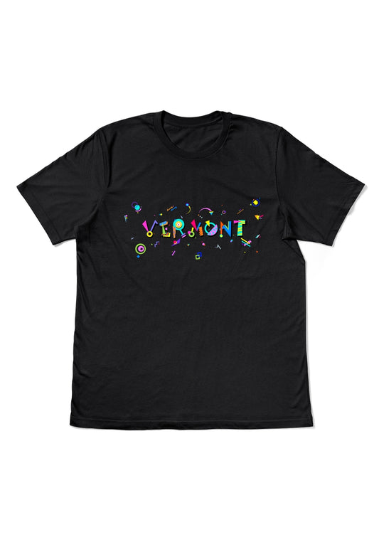 VERMONT, printed colorful Memphis style font black flat tee