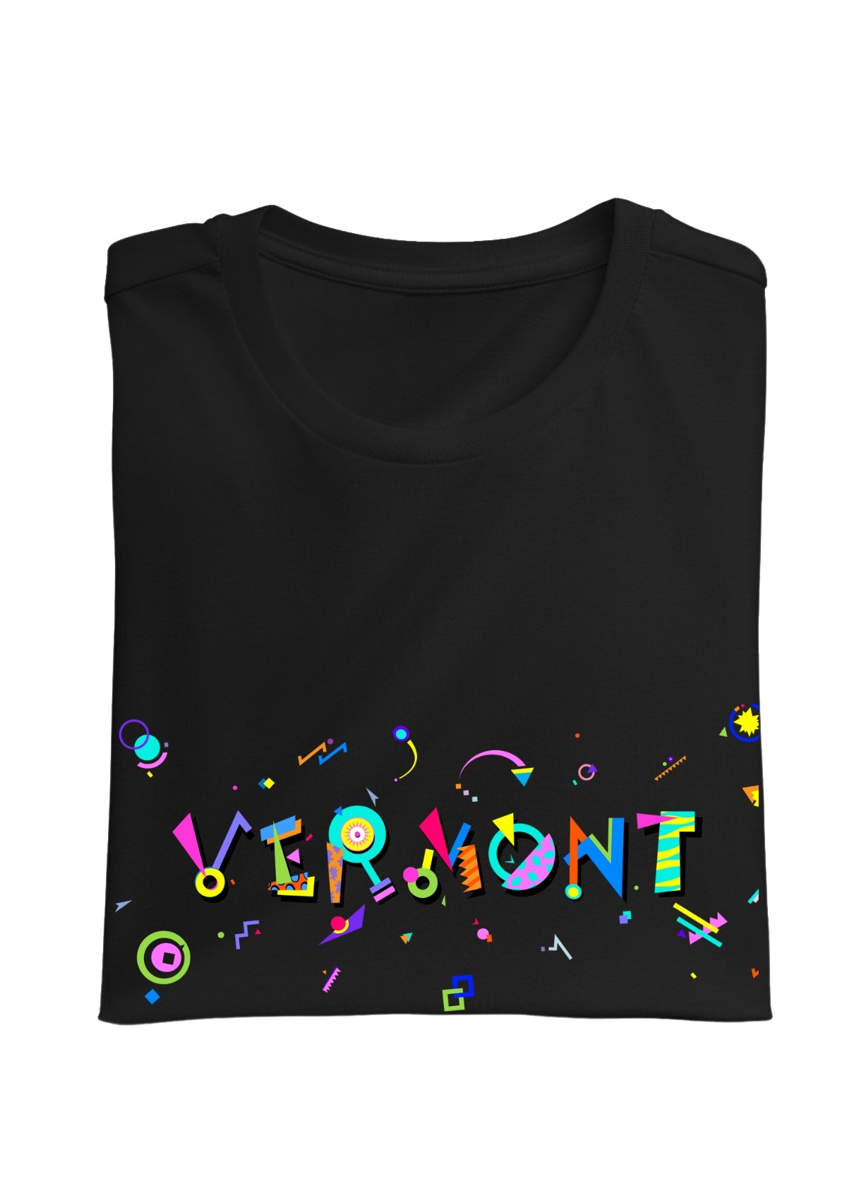 VERMONT, printed colorful Memphis font black folded tee