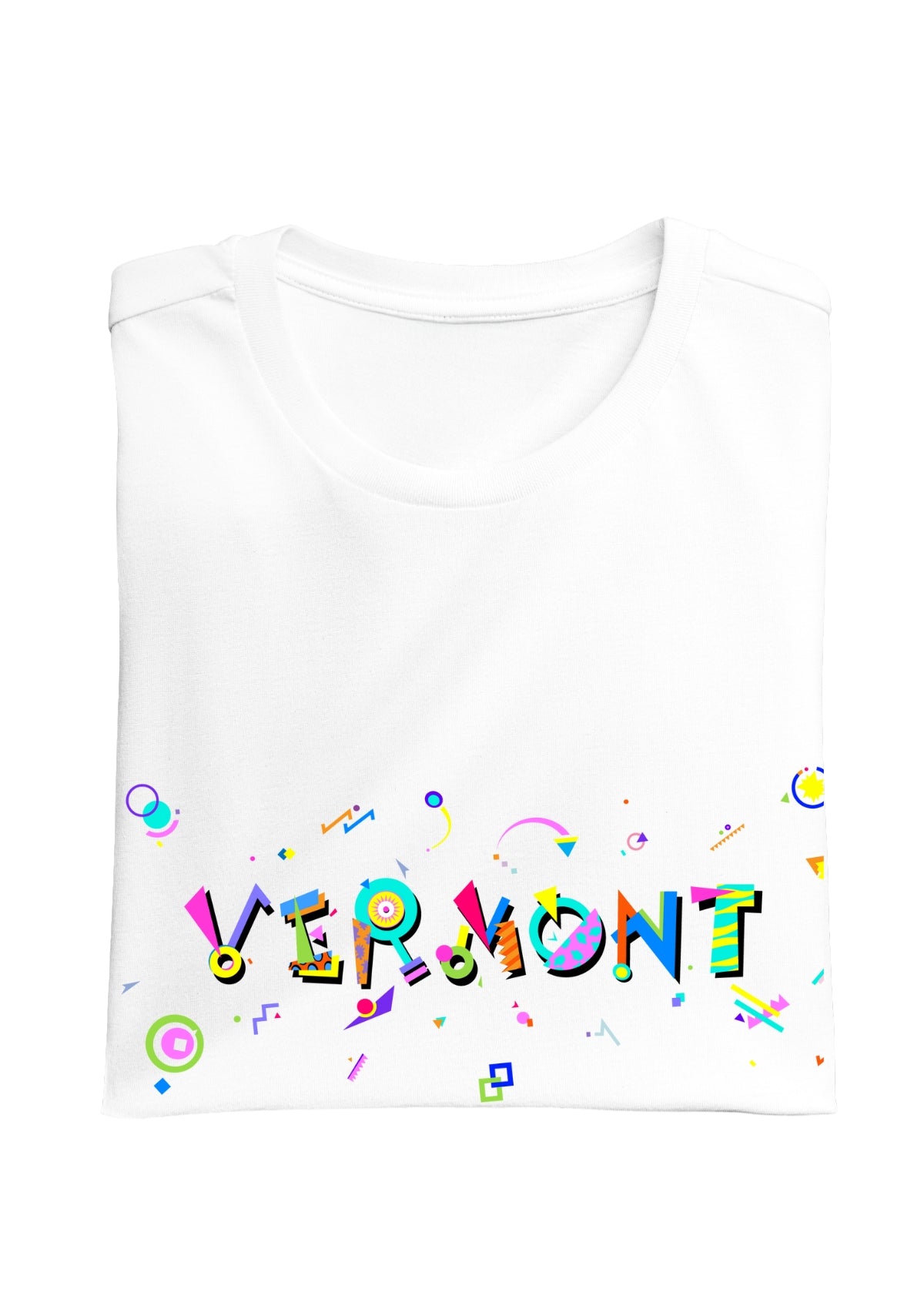 VERMONT printed in colorful letters - Memphis style fonts - white-folded-tee