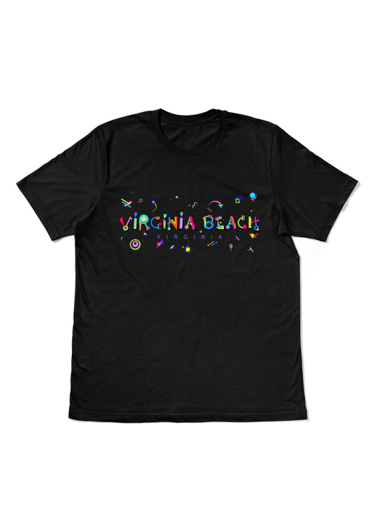 VIRGINIA BEACH, VIRGINA, printed colorful Memphis style font black flat tee