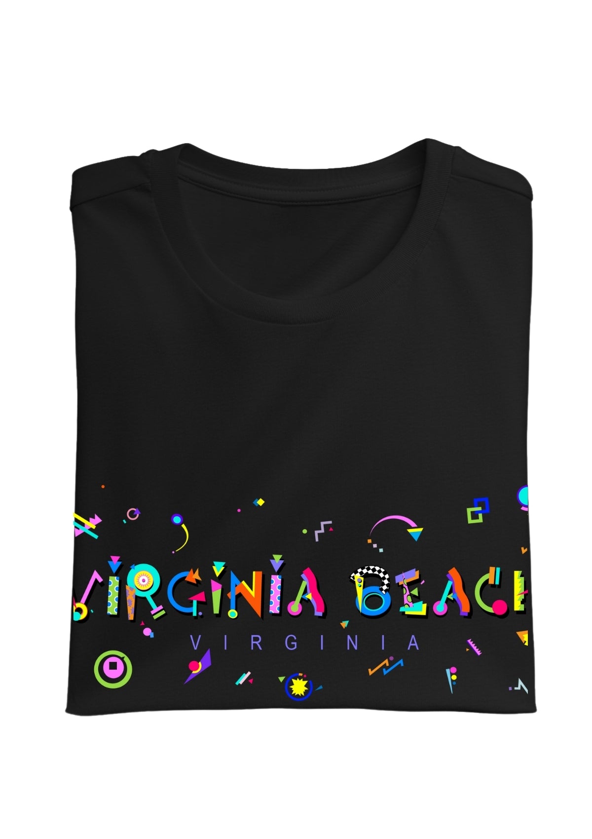 VIRGINIA BEACH, VIRGINIA, printed colorful Memphis font black folded tee