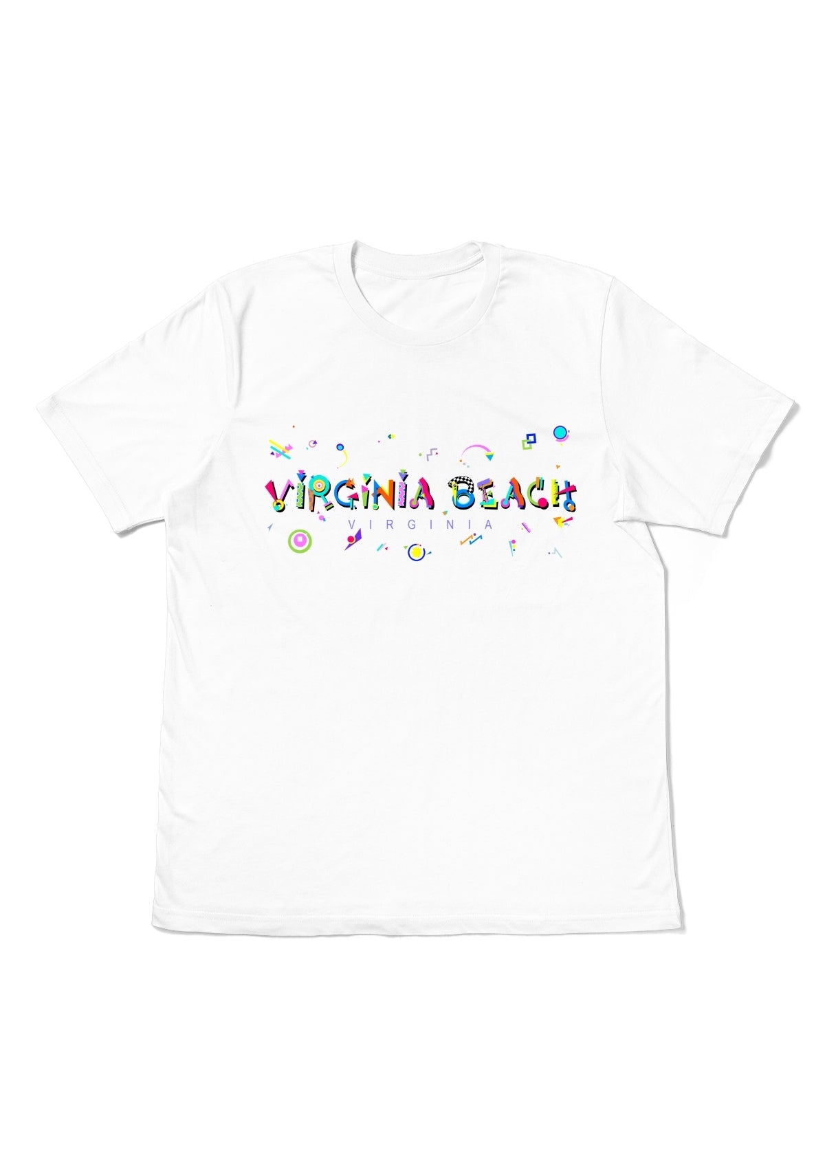 VIRGINIA BEACH, VIRGINIA, printed colorful Memphis font white flat tee