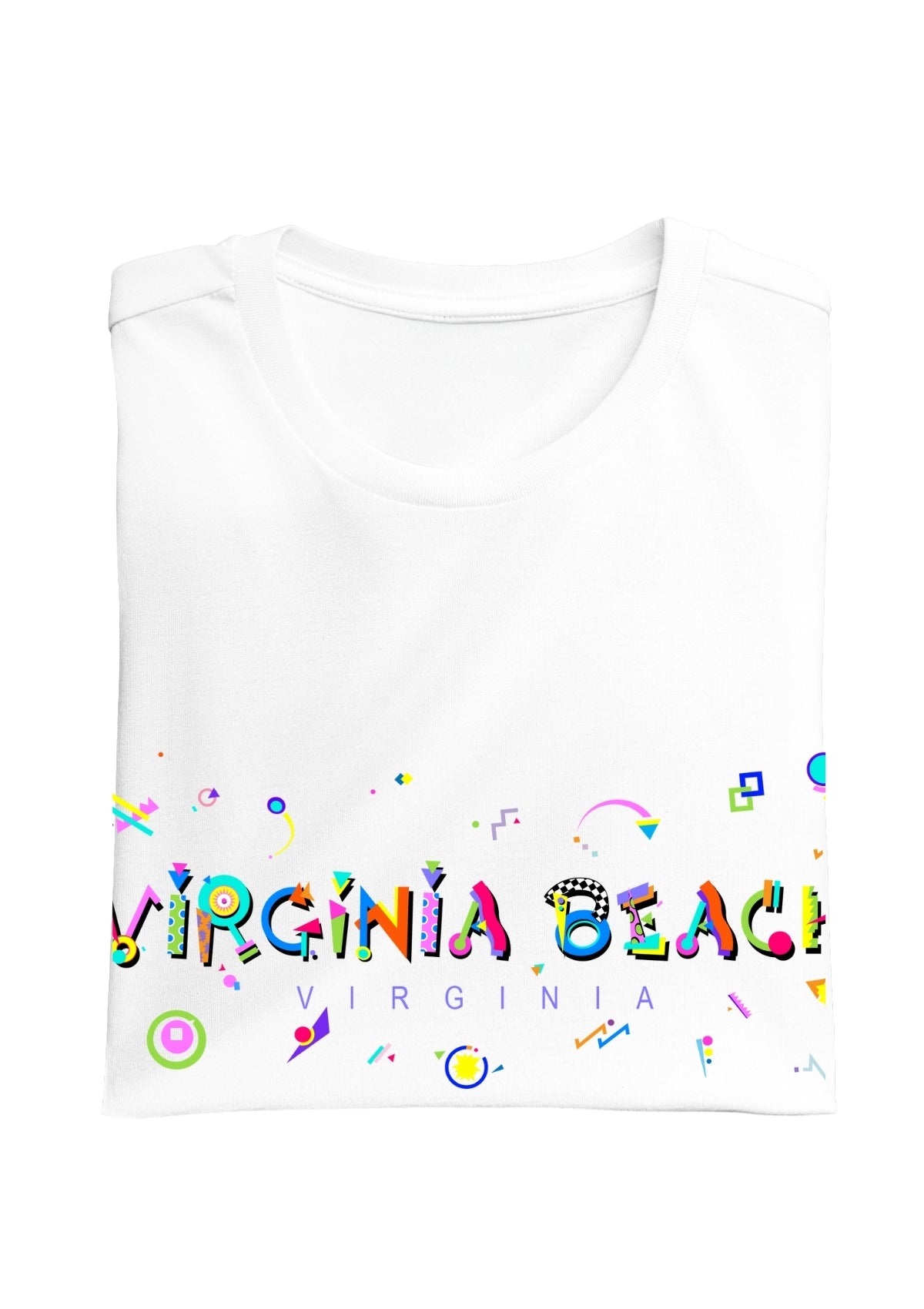 VIRGINIA BEACH, VIRGINIA, colorful Memphis Style Font on white folded tee