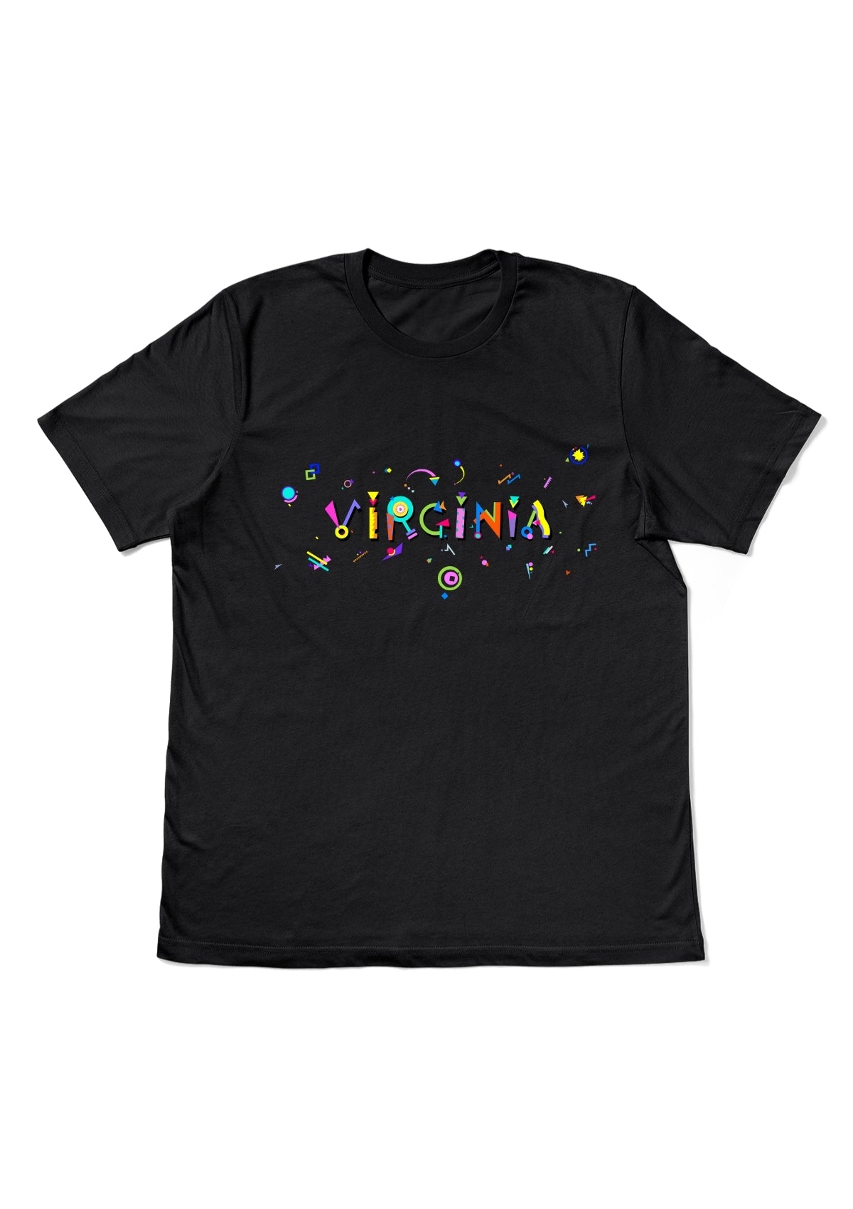 VIRGINIA, printed colorful Memphis style font black flat tee