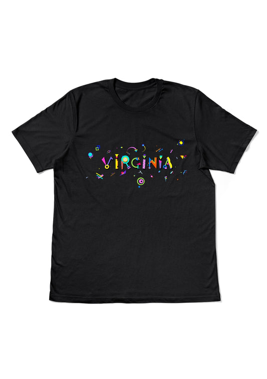 VIRGINIA, printed colorful Memphis style font black flat tee