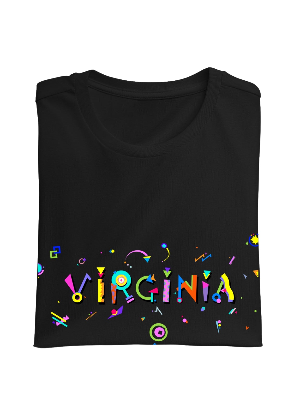 VIRGINIA, printed colorful Memphis font black folded tee