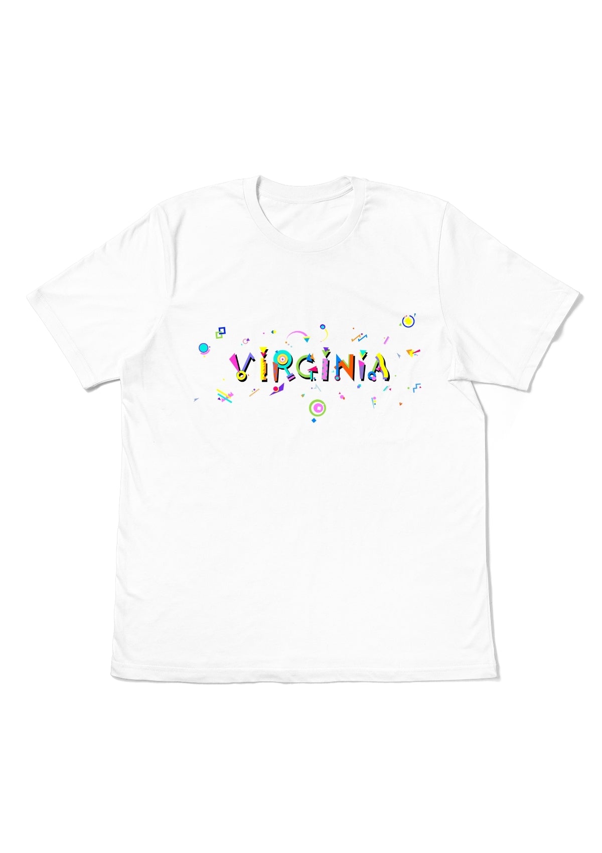 VIRGINIA, printed colorful Memphis font white flat tee
