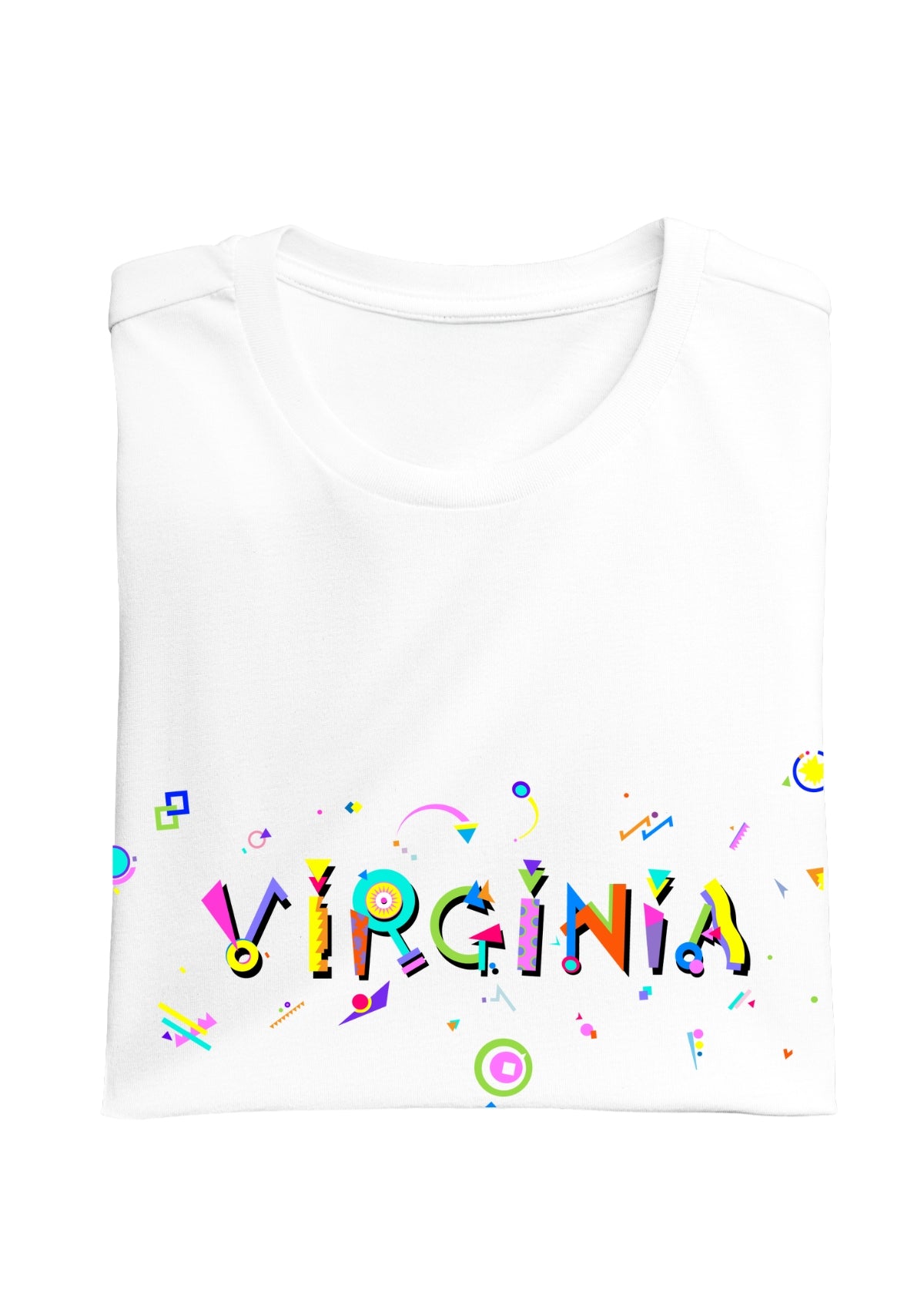 VIRGINIA printed in colorful letters - Memphis style fonts - white-folded-tee