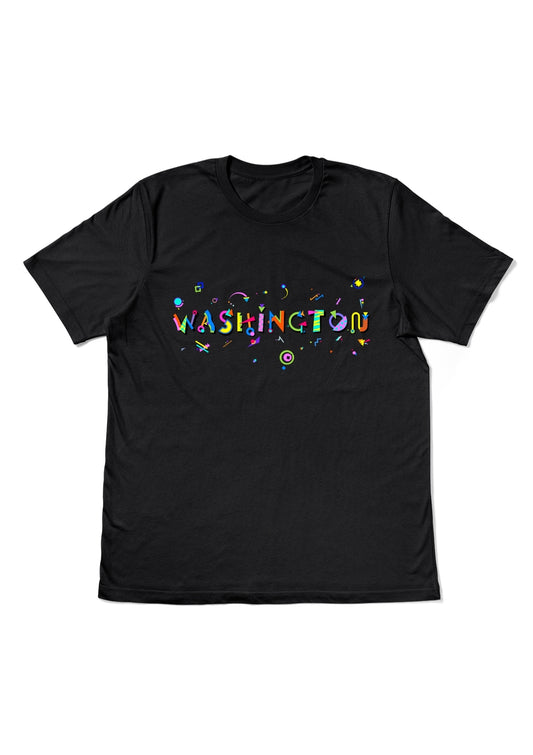 WASHINGTON, printed colorful Memphis style font black flat tee