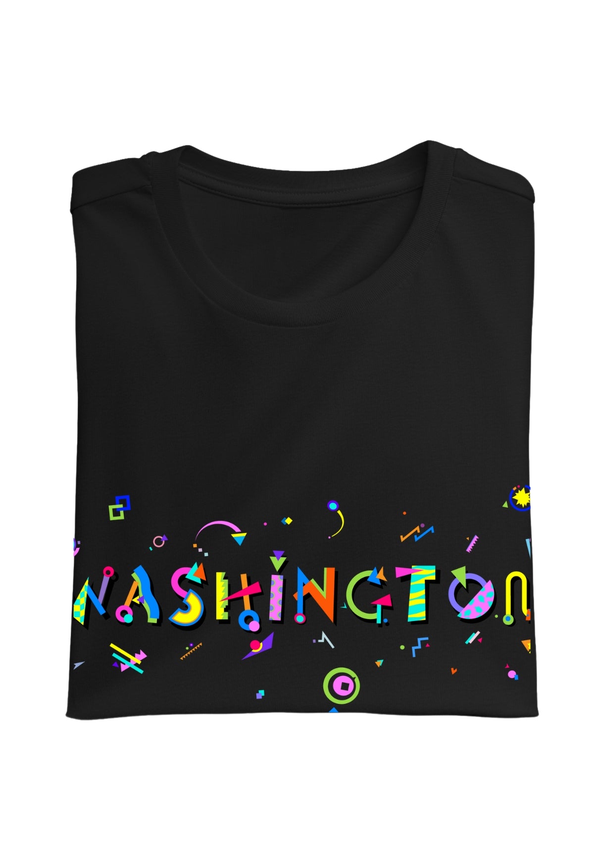 WASHINGTON, printed colorful Memphis font black folded tee