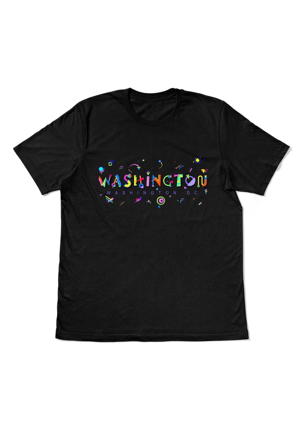 WASHINGTON, WASHINGTON, printed colorful Memphis style font black flat tee