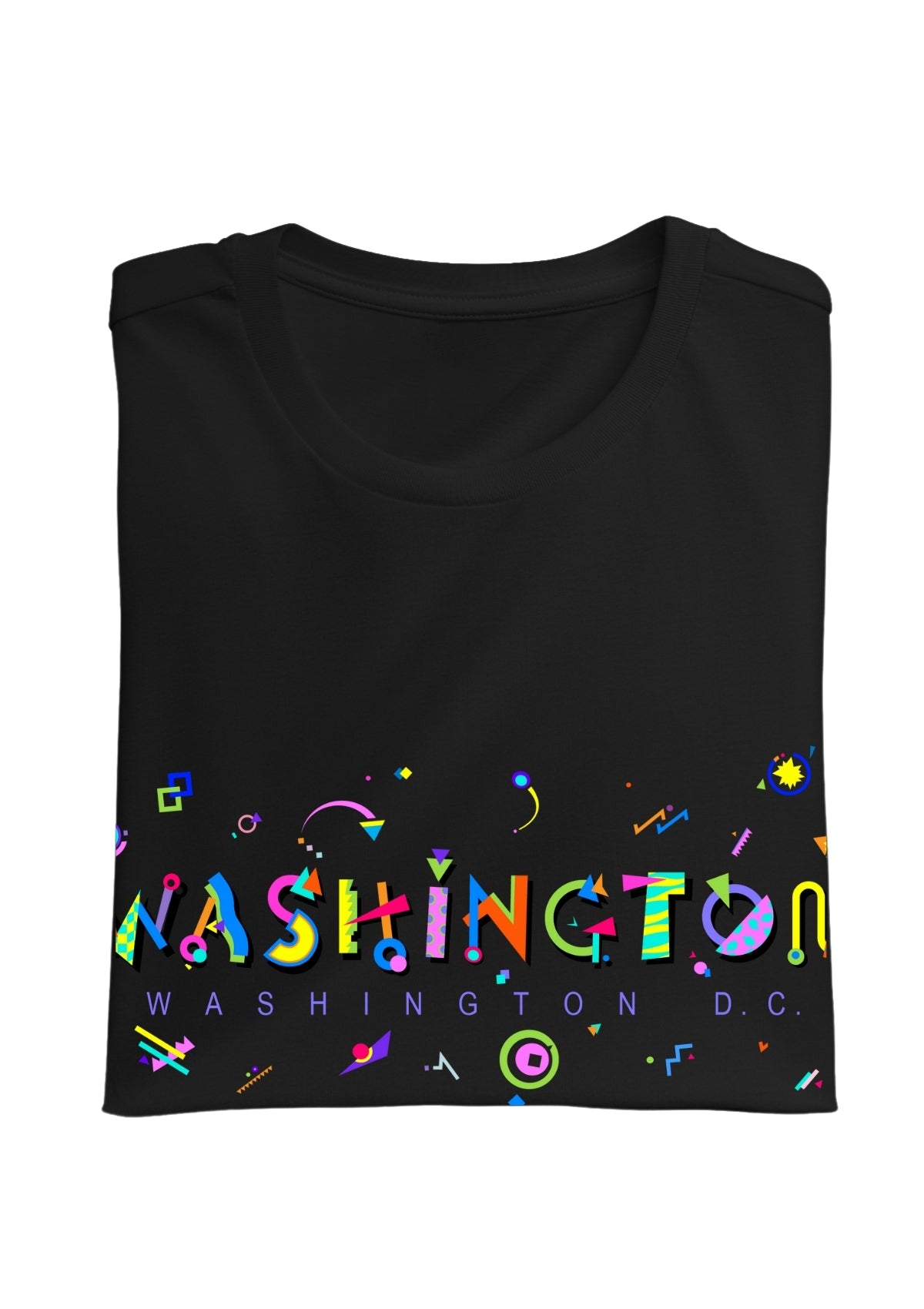 WASHINGTON, WASHINGTON, printed colorful Memphis font black folded tee