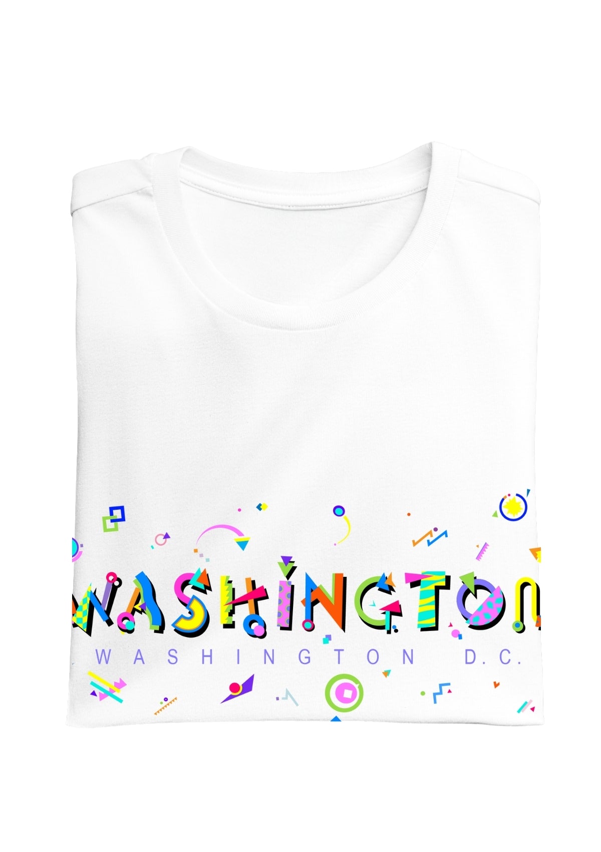 WASHINGTON, WASHINGTON, colorful Memphis Style Font on white folded tee