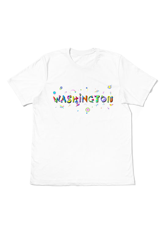 WASHINGTON, printed colorful Memphis font white flat tee