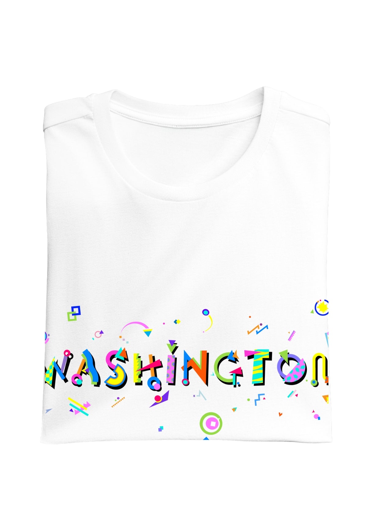 WASHINGTON printed in colorful letters - Memphis style fonts - white-folded-tee