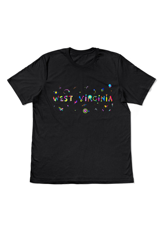 WEST VIRGINIA, printed colorful Memphis style font black flat tee