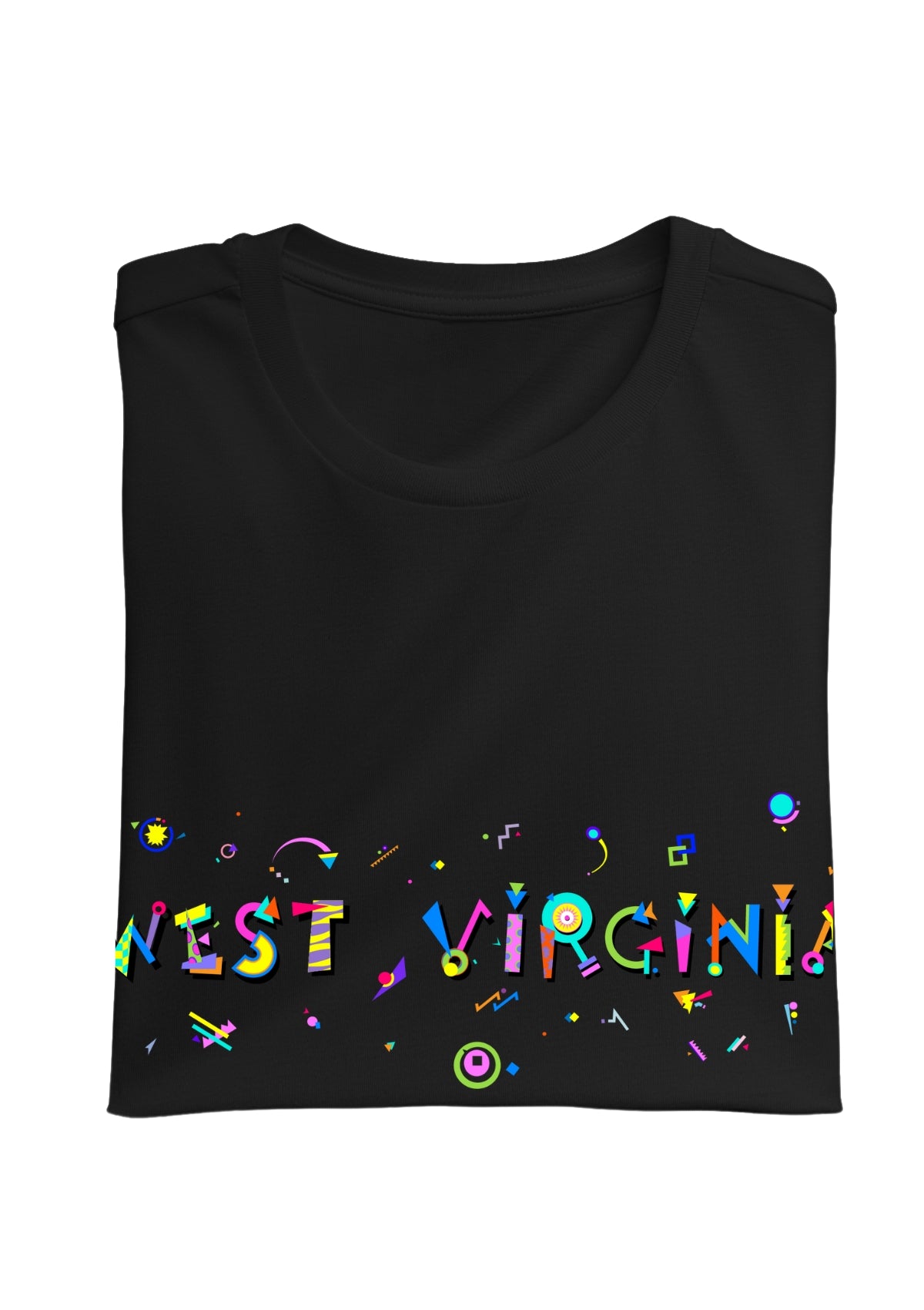 WEST VIRGINIA, printed colorful Memphis font black folded tee
