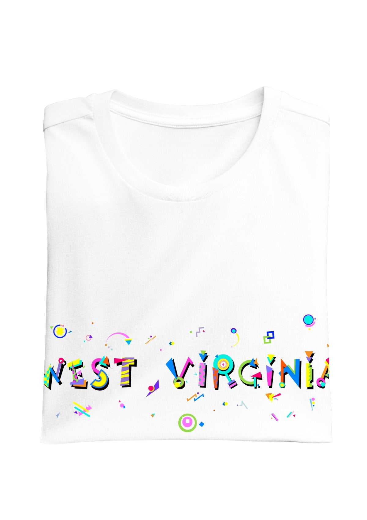 WEST VIRGINIA printed in colorful letters - Memphis style fonts - white-folded-tee