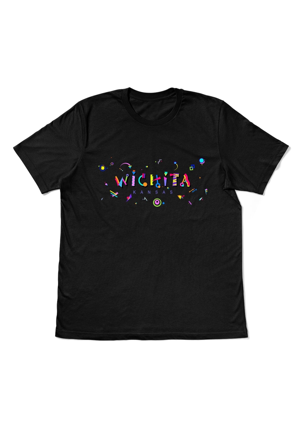 WICHITA, KANSAS, printed colorful Memphis style font black flat tee