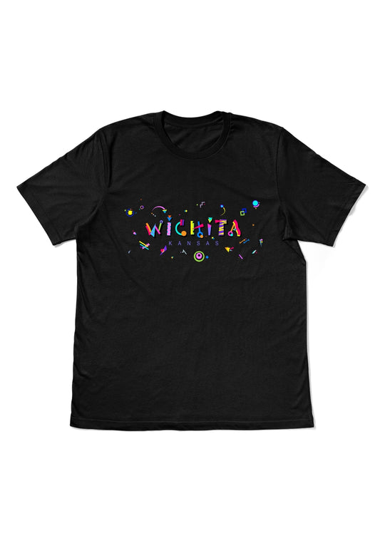 WICHITA, KANSAS, printed colorful Memphis style font black flat tee