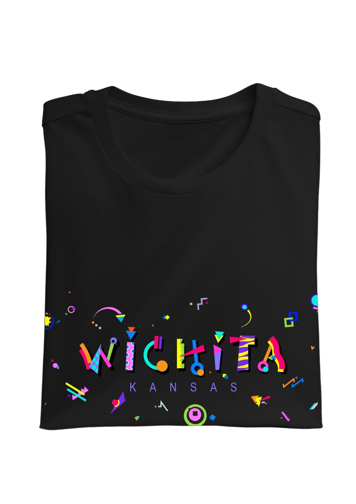 WICHITA, KANSAS, printed colorful Memphis font black folded tee
