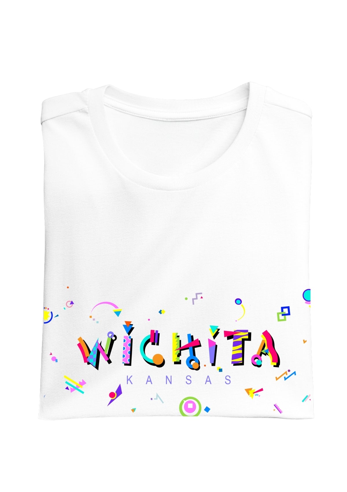 WICHITA, KANSAS, colorful Memphis Style Font on white folded tee