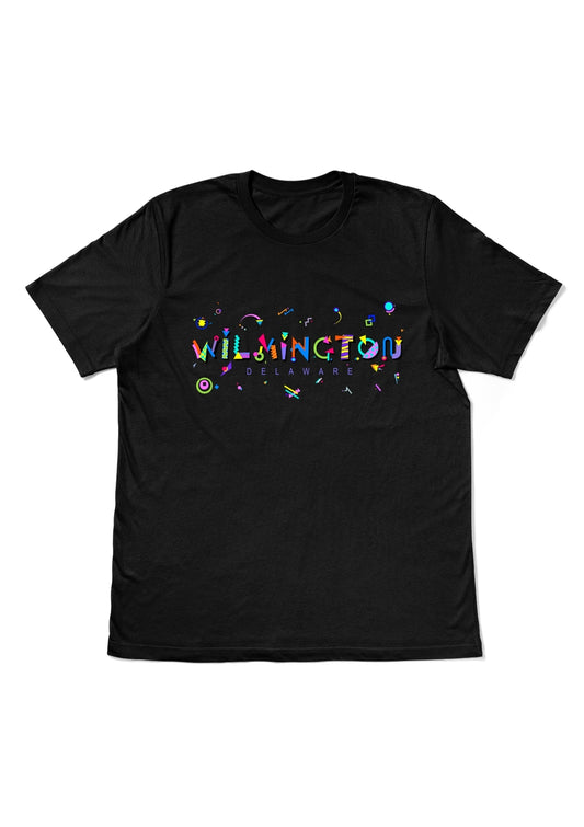 WILMINGTON, DELAWARE, printed colorful Memphis style font black flat tee