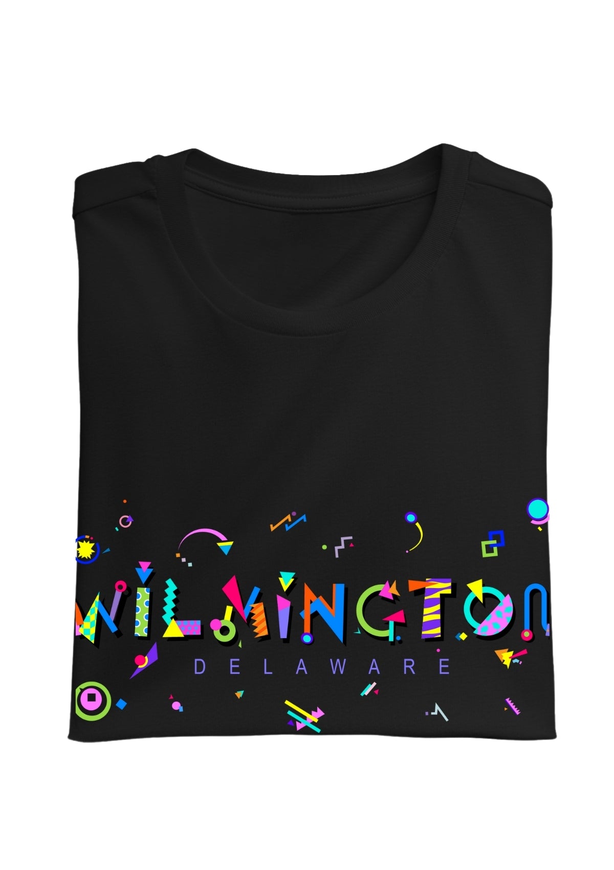 WILMINGTON, DELAWARE, printed colorful Memphis font black folded tee